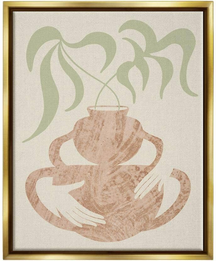 The Stupell Home Decor Collection Botanical Leaves Hands Flower Pot Handles Collage by Lil' Rue Floater Frame Nature Wall Art Print 21 in. x 17 in.