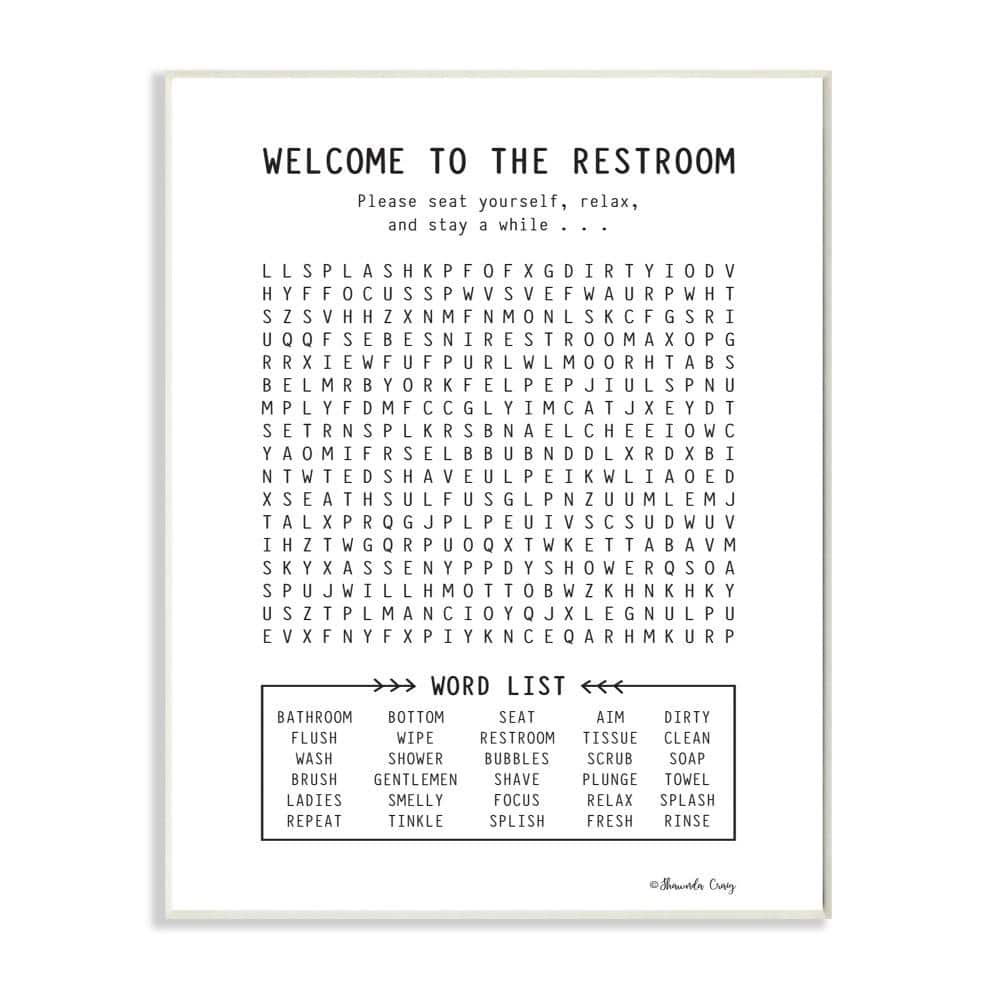 Stupell Industries 12 in. x 18 in. "Black and White Restroom Crossword Puzzle Sign Wall Plaque Art" by Shawnda Craig