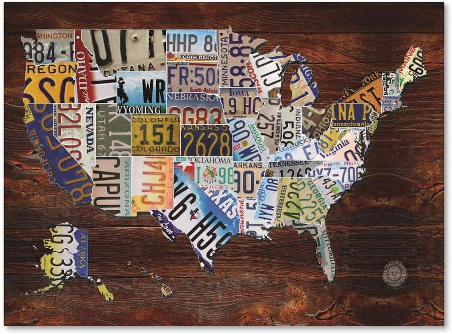 Trademark Fine Art 14 in. x 19 in. "USA License Plate Map on Wood" by Masters Fine Art Printed Canvas Wall Art