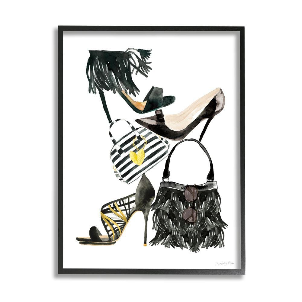 Stupell Industries Fashion Accessory Stack Fringe Shoes and Purse by Mercedes Lopez Charro Framed Abstract Wall Art Print 16 in. x 20 in.