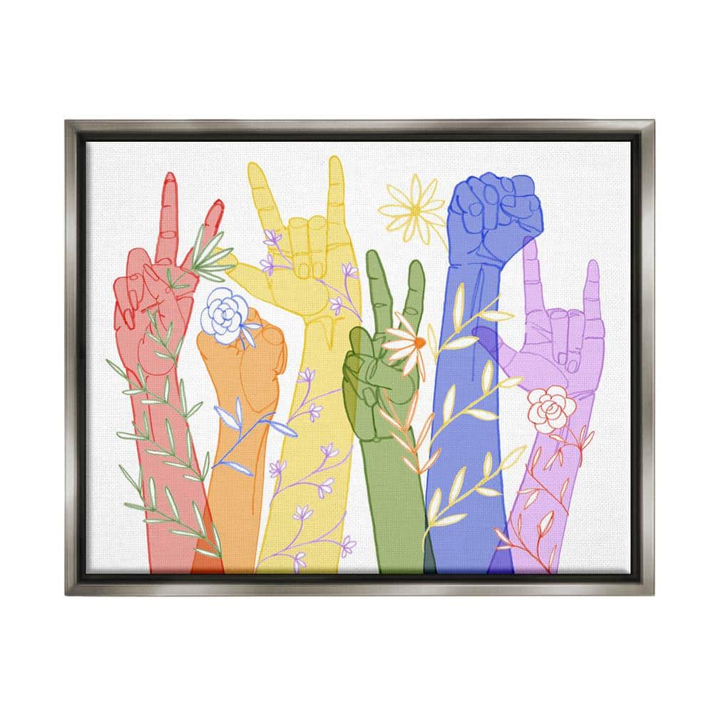 The Stupell Home Decor Collection Rainbow Peace Love Caring Hand Signs ASL by Grace Popp Floater Frame People Wall Art Print 25 in. x 31 in.