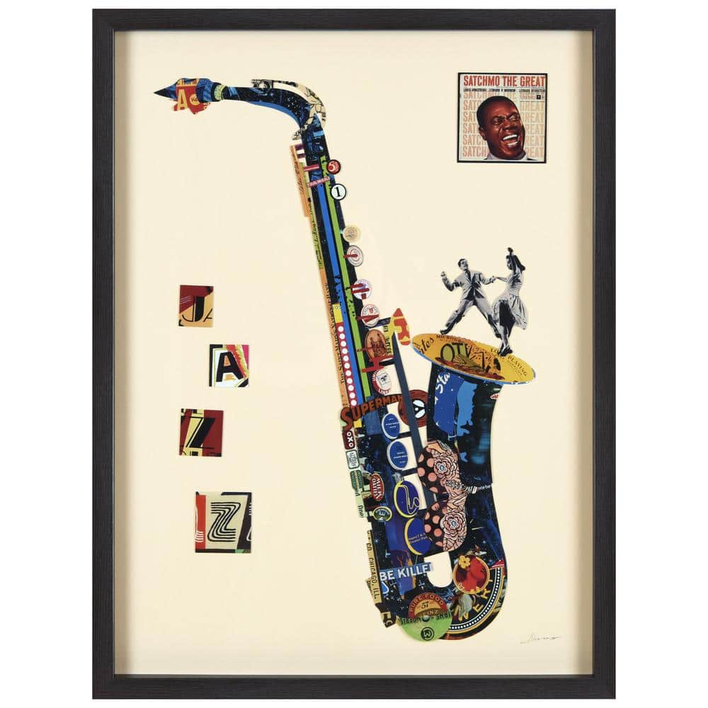 Empire Art Direct Saxphone Dimensional Collage Framed Culture Graphic Art Under Glass Wall Art Print, 25 in. x 48 in.