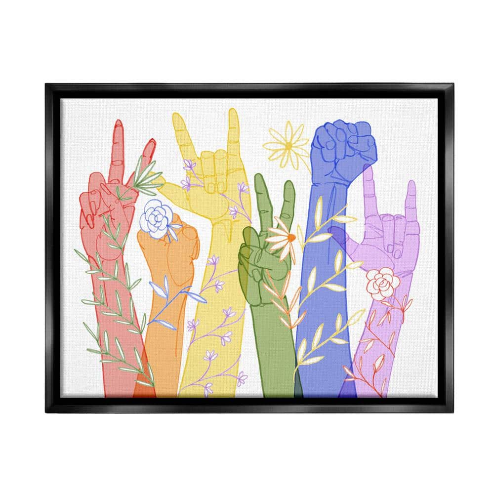The Stupell Home Decor Collection Rainbow Peace Love Caring Hand Signs ASL" by Grace Popp Floater Frame People Wall Art Print 17 in. x 21 in.