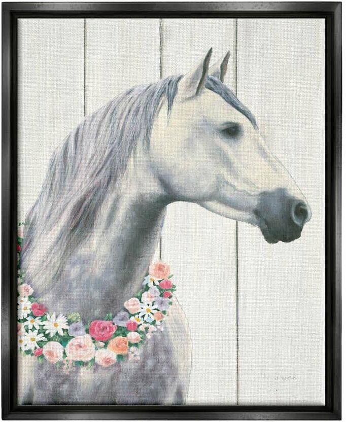 The Stupell Home Decor Collection Spirit Stallion Horse With Flower Wreath by James Wiens Floater Frame Animal Wall Art Print 31 in. x 25 in.