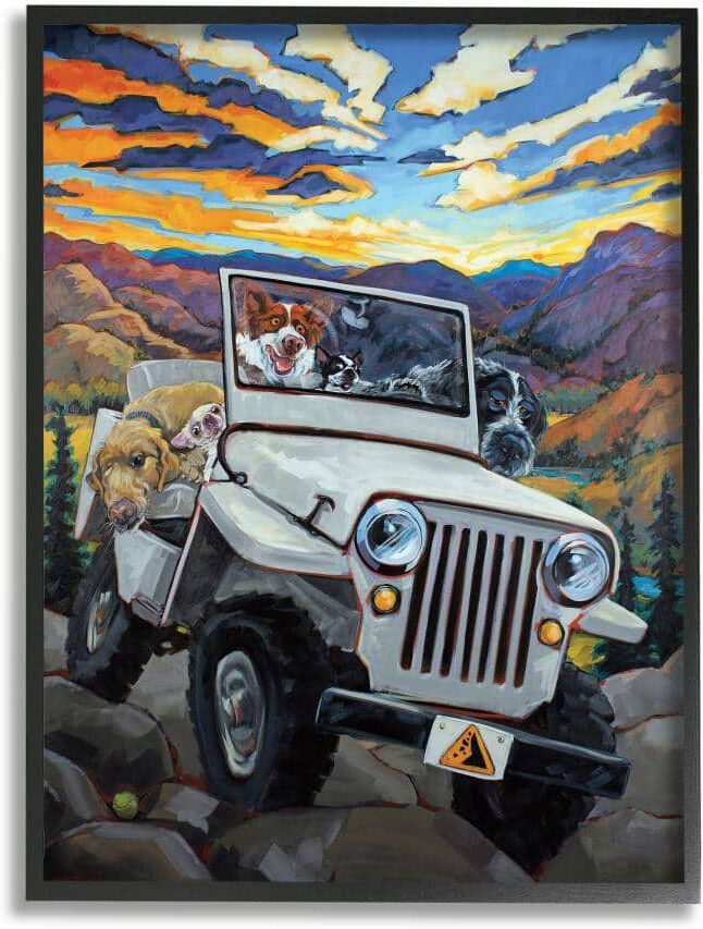 Stupell Industries Dogs Off-Roading Desert Drive Mountain Sunset by CR Townsend Framed Animal Wall Art Print 24 in. x 30 in.