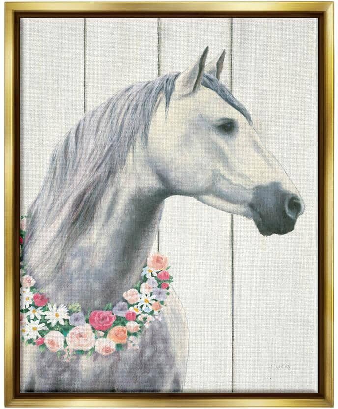 The Stupell Home Decor Collection Spirit Stallion Horse With Flower Wreath by James Wiens Floater Frame Animal Wall Art Print 17 in. x 21 in. .