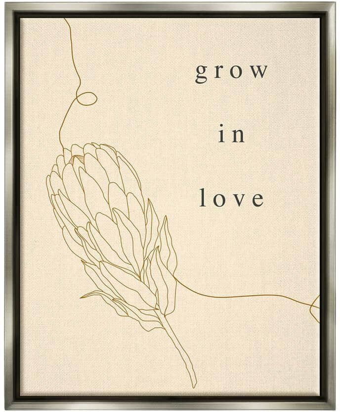 The Stupell Home Decor Collection Grow In Love Quote Plant Blossom Line Drawing by Lil' Rue Floater Frame Nature Wall Art Print 21 in. x 17 in.