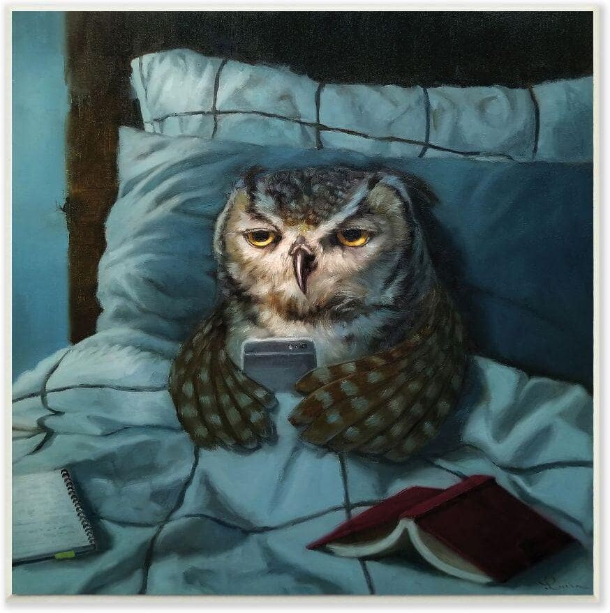 Stupell Industries Night Owl on Phone in Bed Funny Animal by Lucia Heffernan Unframed Animal Wood Wall Art Print 12 in. x 12 in.