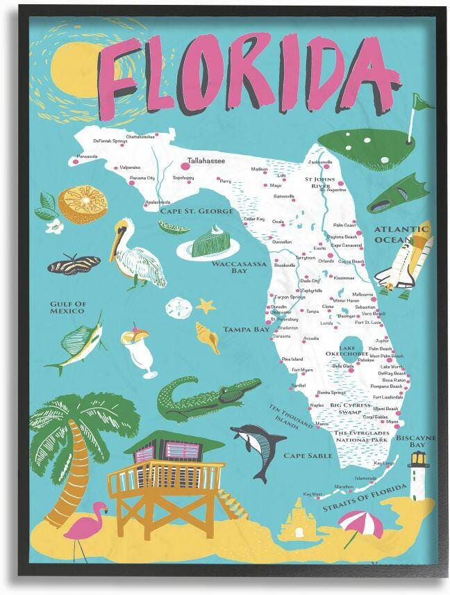 Stupell Industries 16 in. x 20 in. "Florida Teal Blue and Pink Illustrated Scenic Map Poster" by Vestiges Framed Wall Art