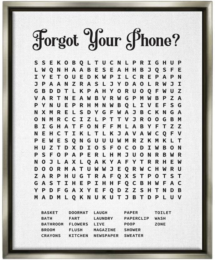 The Stupell Home Decor Collection Phone Crossword Puzzle Bathroom Word by Lettered and Lined Floater Frame Typography Wall Art Print 21 in. x 17 in.