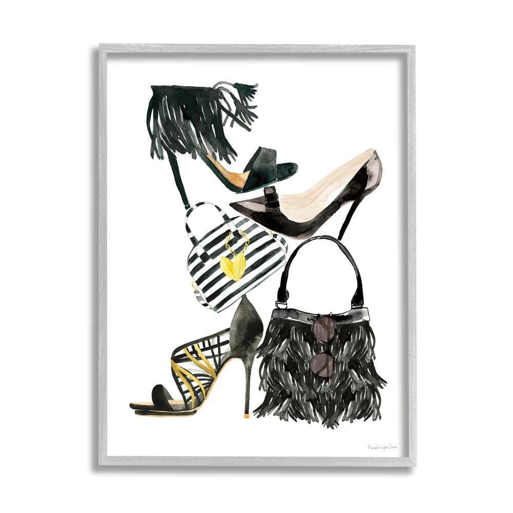 Stupell Industries Fashion Accessory Stack Fringe Shoes and Purse by Mercedes Lopez Charro Framed Abstract Wall Art Print 11 in. x 14 in.