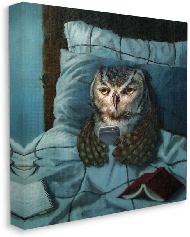 Stupell Industries Night Owl on Phone in Bed Funny Animal by Lucia Heffernan Unframed Animal Canvas Wall Art Print 17 in. x 17 in.