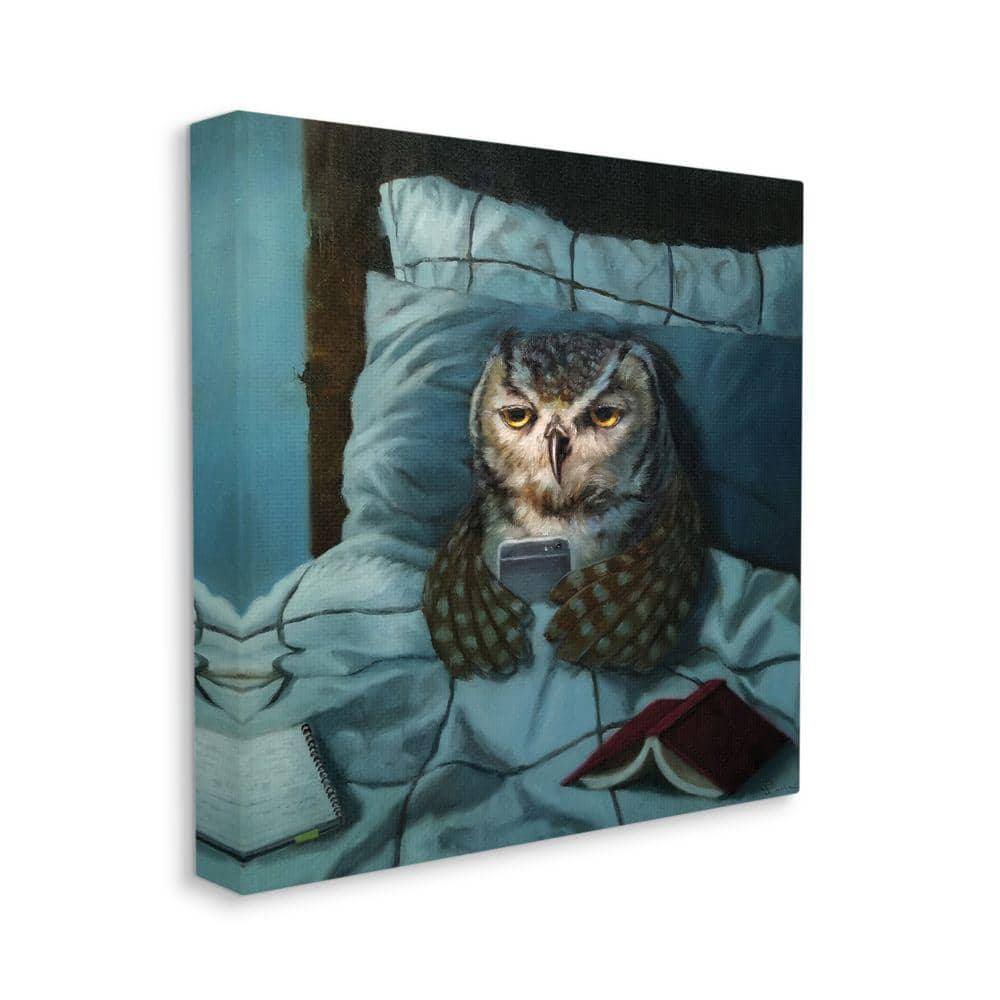 Stupell Industries Night Owl on Phone in Bed Funny Animal by Lucia Heffernan Unframed Animal Canvas Wall Art Print 30 in. x 30 in.