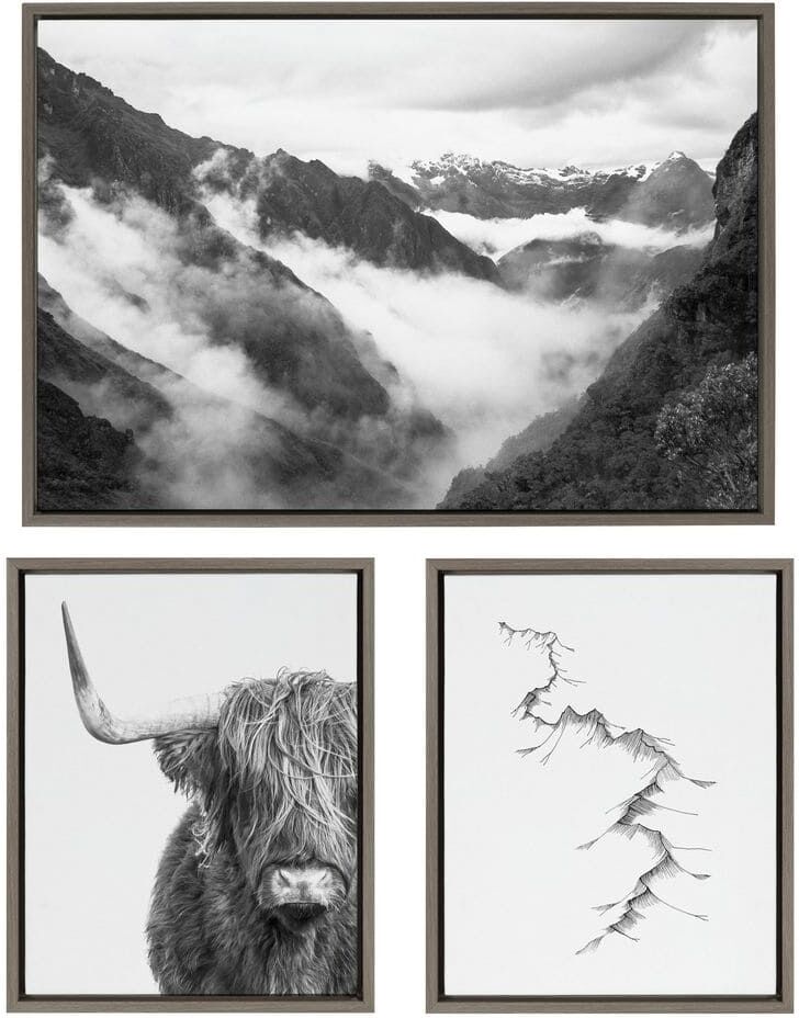 Kate and Laurel BW Highland Cow No.1, Mountains, and Inca Trail Framed Animal Canvas Wall Art Print 33 in. x 23 in. (Set of 2)