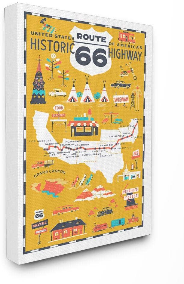 Stupell Industries 16 in. x 20 in. "US Route 66 Historic Highway Mustard Yellow Illustrated Scenic Map Poster" by Vestiges Canvas Wall Art