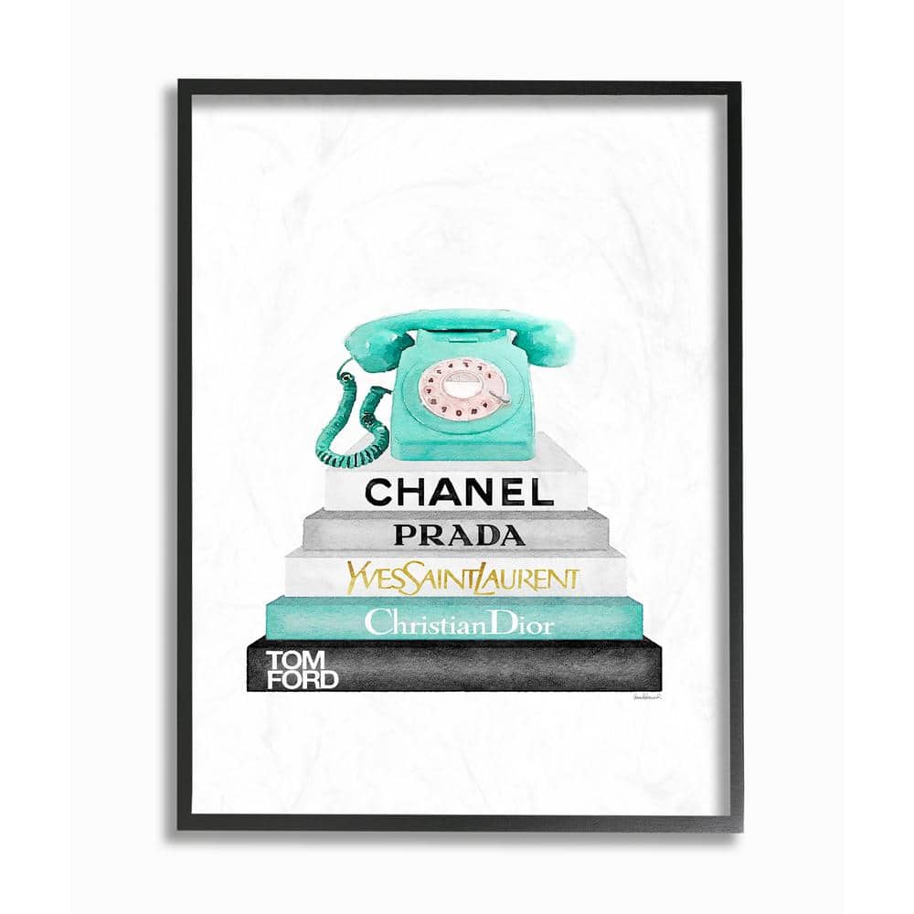 Stupell Industries 11 in. x 14 in. "Grey Teal and Black Fashion Bookstack with Teal Phone" by Amanda Greenwood Framed Wall Art