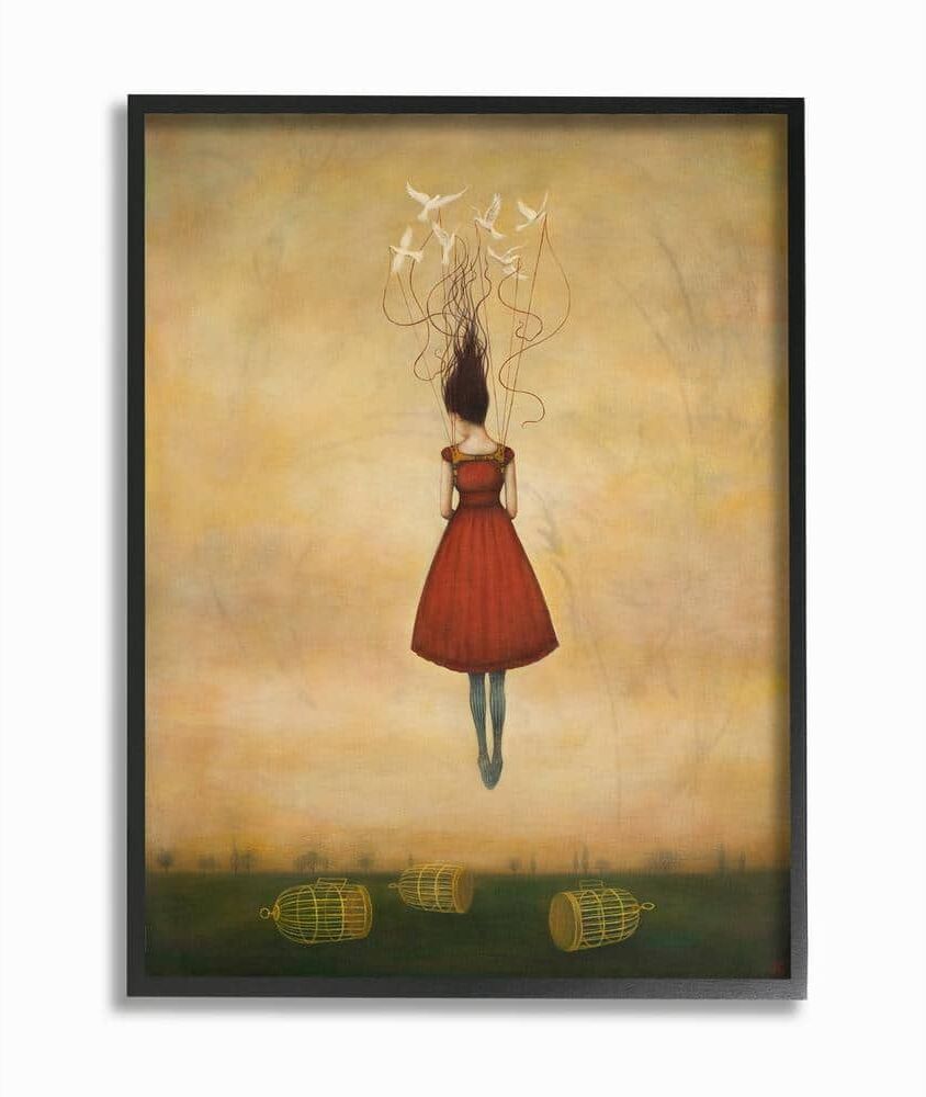 Stupell Industries 24 in. x 30 in. "Beauty and Birds in Her Hair Woman in Red Dress Flying Away" by Duy Huynh Framed Wall Art