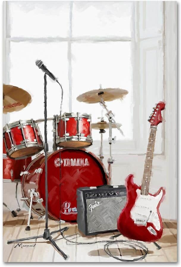 Trademark Fine Art 32 in. x 22 in. "Drums and Guitar" by The Macneil Studio Printed Canvas Wall Art