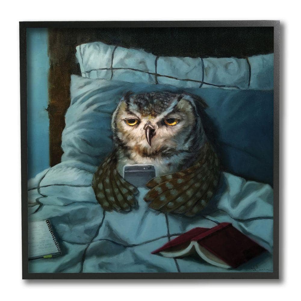 Stupell Industries Night Owl on Phone in Bed Funny Animal by Lucia Heffernan Framed Animal Wall Art Print 12 in. x 12 in.