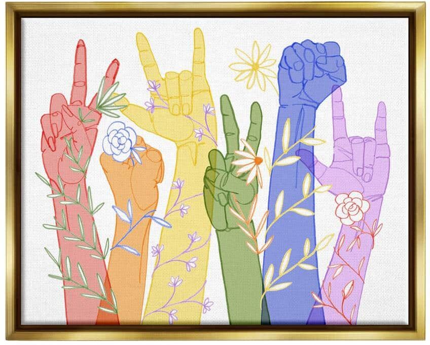 The Stupell Home Decor Collection Rainbow Peace Love Caring Hand Signs ASL" by Grace Popp Floater Frame People Wall Art Print 25 in. x 31 in.