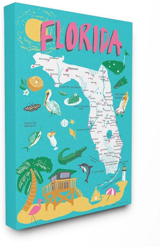 Stupell Industries 24 in. x 30 in. "Florida Teal Blue and Pink Illustrated Scenic Map Poster" by Vestiges Canvas Wall Art