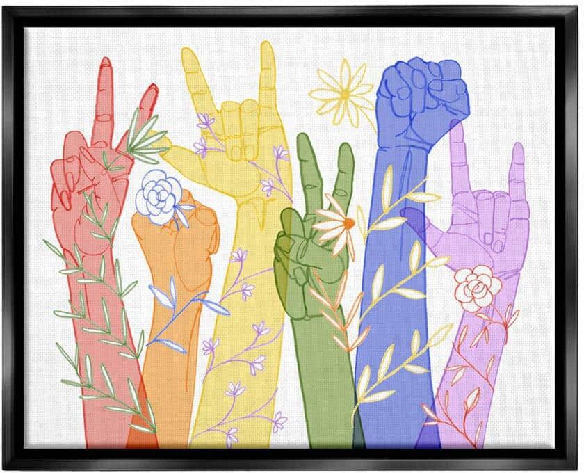 The Stupell Home Decor Collection Rainbow Peace Love Caring Hand Signs ASL" by Grace Popp Floater Frame People Wall Art Print 25 in. x 31 in.