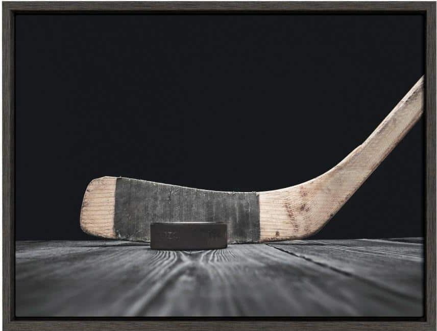 DesignOvation Sylvie "Vintage Hockey Stick and Puck on Black" by Saint and Sailor Studios Framed Canvas Wall Art