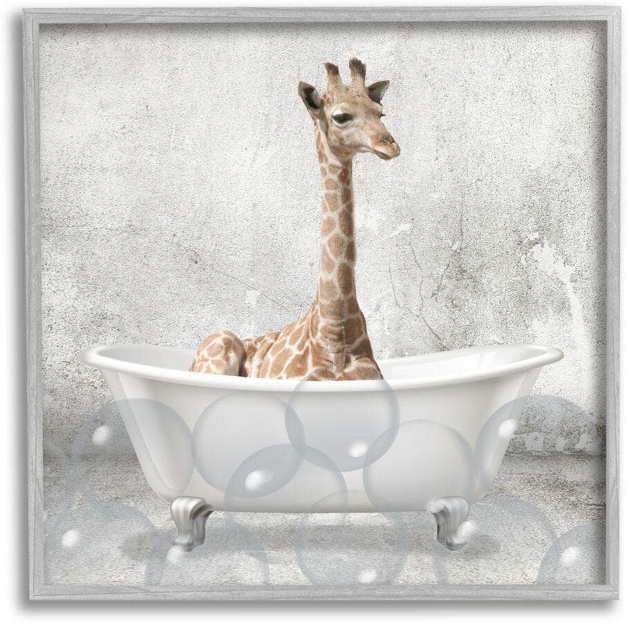 Stupell Industries Baby Giraffe Bath Time Cute Animal Design By Kim Allen Framed Print Animal Texturized Art 17 in. x 17 in.