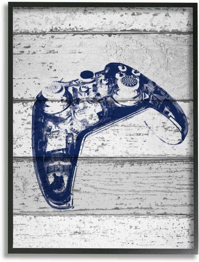 Stupell Industries 16 in. x 20 in. "Video Game Controller Blue Print on Planks" by Daphne Polselli Framed Wall Art