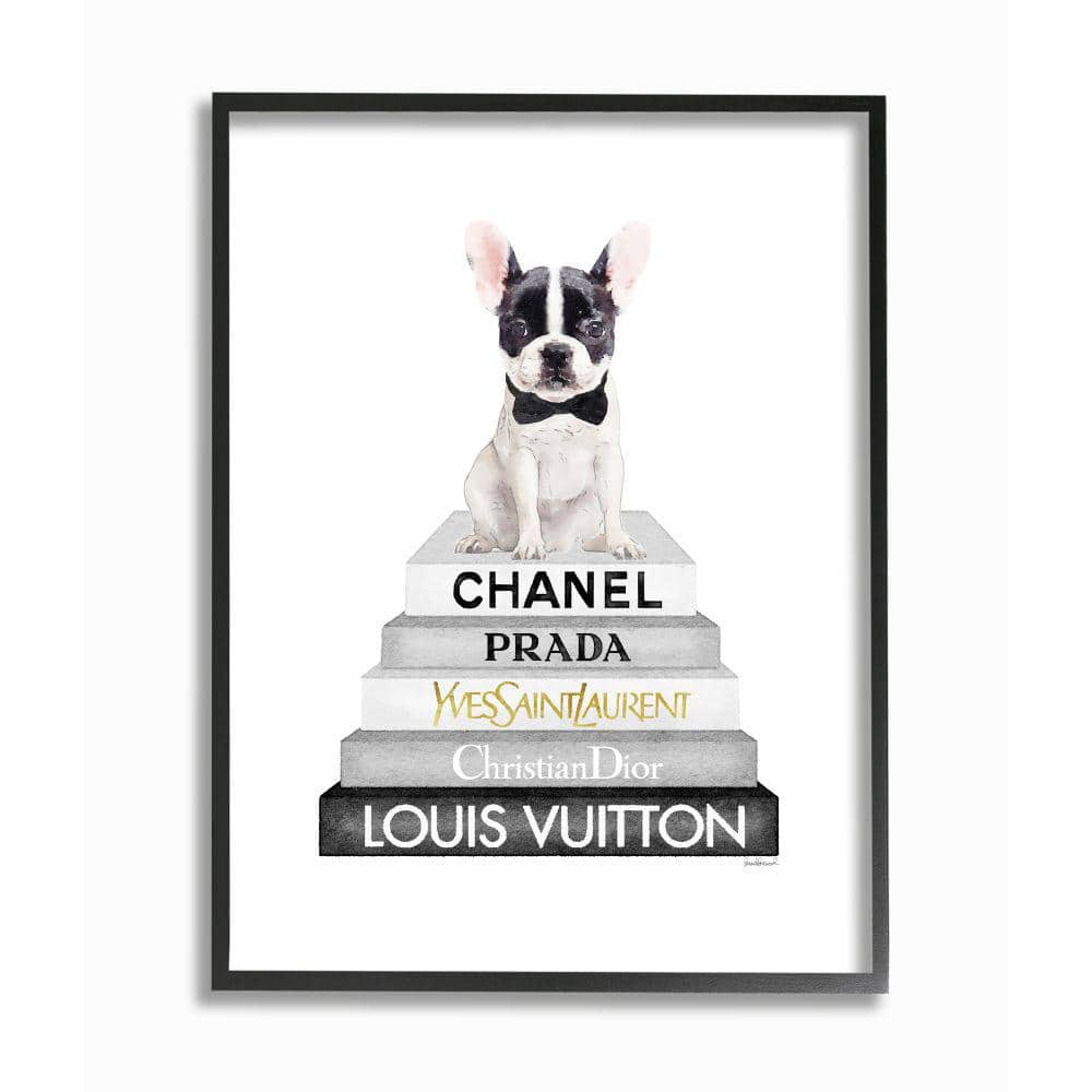 Stupell Industries Cute French Bulldog Puppy Sitting on Glam Bookstack by Amanda Greenwood Framed Animal Wall Art Print 11 in. x 14 in.