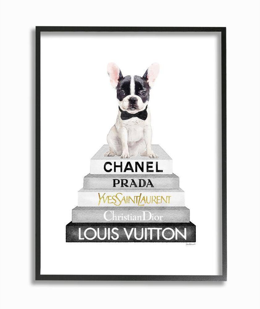 Stupell Industries Cute French Bulldog Puppy Sitting on Glam Bookstack by Amanda Greenwood Framed Animal Wall Art Print 16 in. x 20 in.