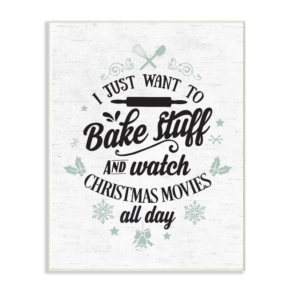Stupell Industries 12.5 in. x 18.5 in. "Blue and White Bake Stuff and Watch Christmas Movies" by Artist Lettered and Lined Wood Wall Art