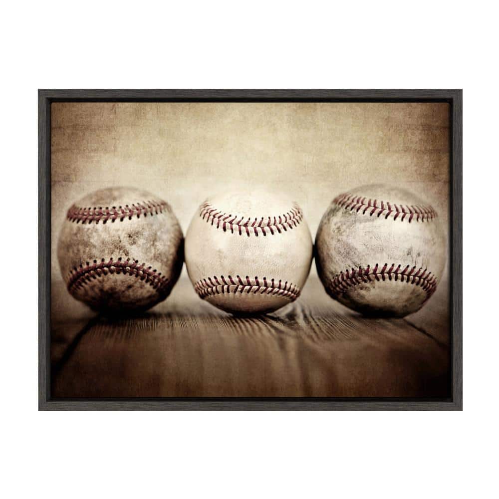 DesignOvation Sylvie "Three Vintage Baseballs" by Saint and Sailor Studios Sports Framed Canvas Wall Art 24 in. x 18 in.