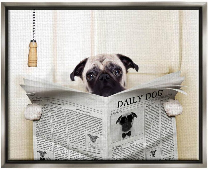 The Stupell Home Decor Collection Pug Reading Newspaper in Bathroom by In House Floater Frame Animal Wall Art Print 31 in. x 25 in.