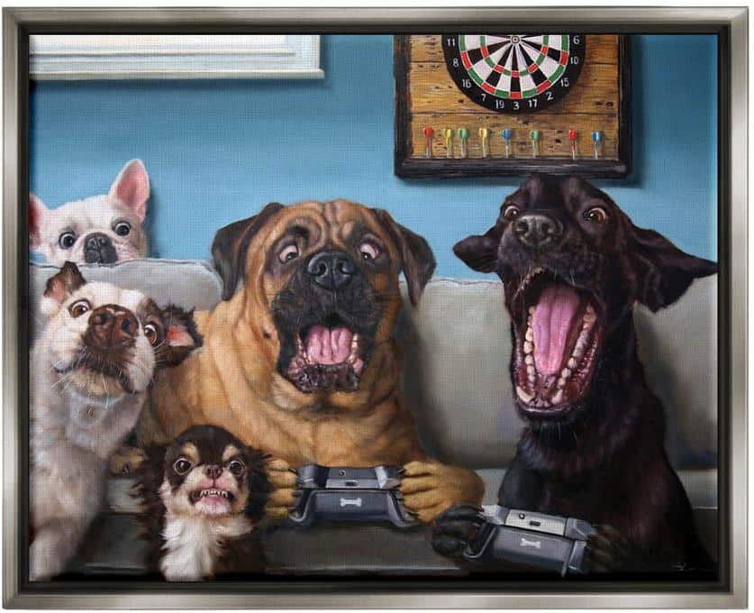 The Stupell Home Decor Collection Dogs Playing Video Games Livingroom Pet Portrait" by Lucia Heffernan Floater Frame Animal Wall Art Print 21 in. x 17 in.