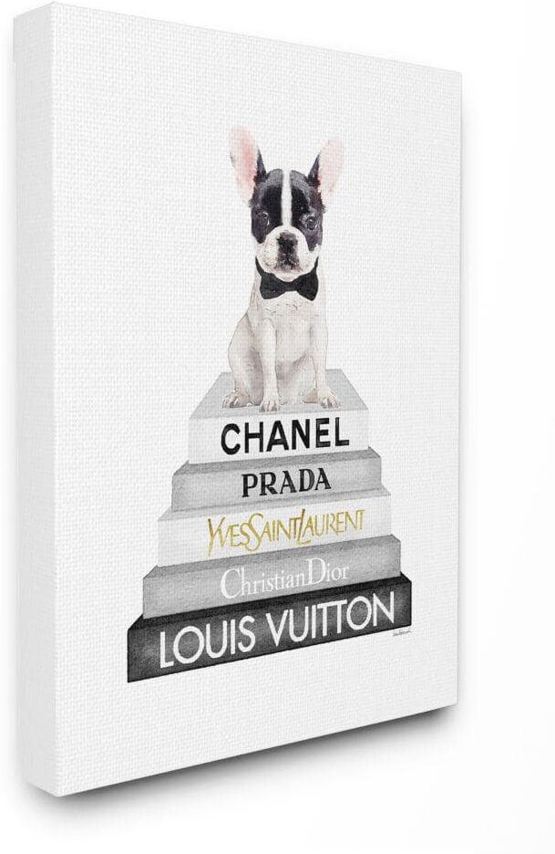 Stupell Industries Cute French Bulldog Puppy Sitting Bookstack by Amanda Greenwood Unframed Animal Canvas Wall Art Print 30 in. x 40 in.