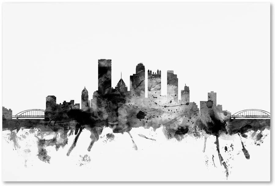 Trademark Fine Art Pittsburgh PA Skyline Black and White by Michael Tompsett Floater Frame Architecture Wall Art 22 in. x 32 in.