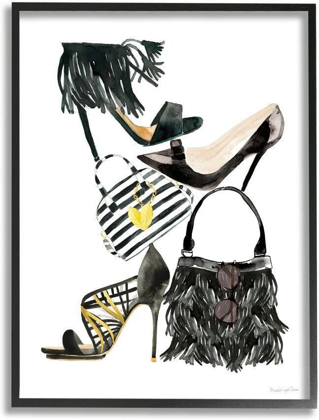 Stupell Industries Fashion Accessory Stack Fringe Shoes and Purse by Mercedes Lopez Charro Framed Abstract Wall Art Print 11 in. x 14 in.