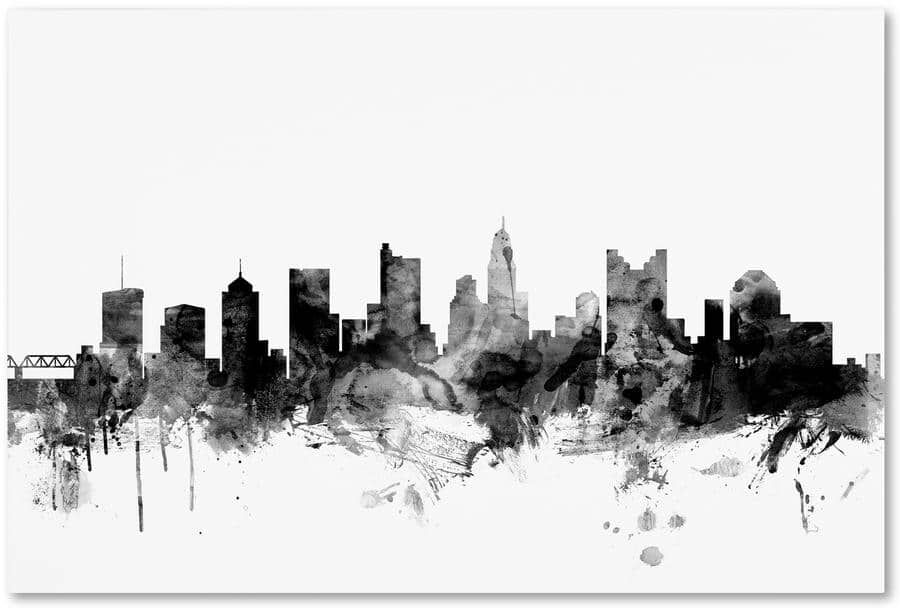 Trademark Fine Art Columbus Ohio Skyline Black and White by Michael Tompsett Floater Frame Architecture Wall Art 12 in. x 19 in.