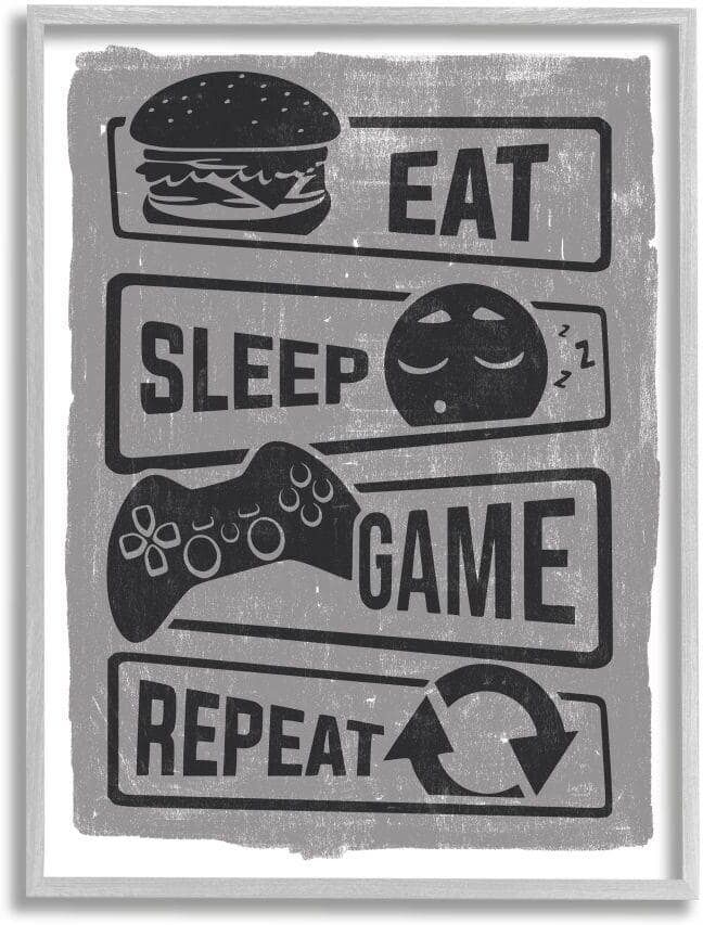 Stupell Industries Eat Sleep Game Repeat Phrases Video Gamer Icons by Lux + Me Designs Framed Typography Wall Art Print 16 in. x 20 in.