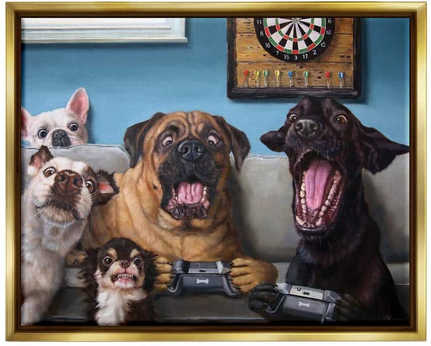 The Stupell Home Decor Collection Dogs Playing Video Games Livingroom Pet Portrait" by Lucia Heffernan Floater Frame Animal Wall Art Print 31 in. x 25 in.