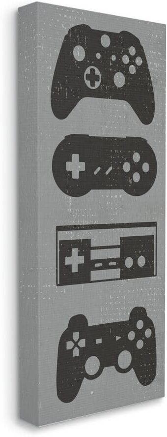 Stupell Industries Video Game Controller Shapes Distressed Grey by Daphne Polselli Unframed Fantasy Canvas Wall Art Print 17 in. x 40 in.