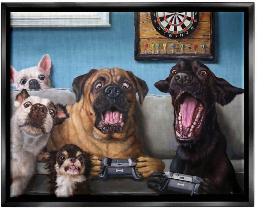 The Stupell Home Decor Collection Dogs Playing Video Games Livingroom Pet Portrait" by Lucia Heffernan Floater Frame Animal Wall Art Print 21 in. x 17 in.