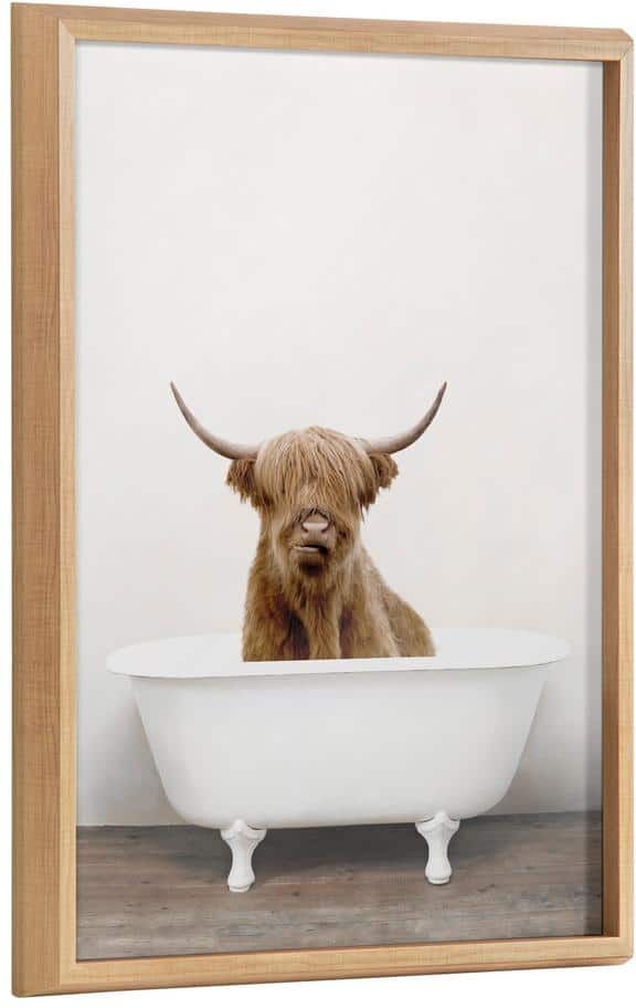 Kate and Laurel Highland Cow in Tub Color by Amy Peterson Framed Animal Printed Glass Wall Art Print 24.00 in. x 18.00 in.