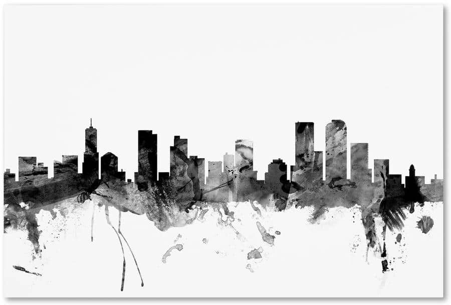 Trademark Fine Art Denver Colorado Skyline Black and White by Michael Tompsett Floater Frame Architecture Wall Art 16 in. x 24 in.