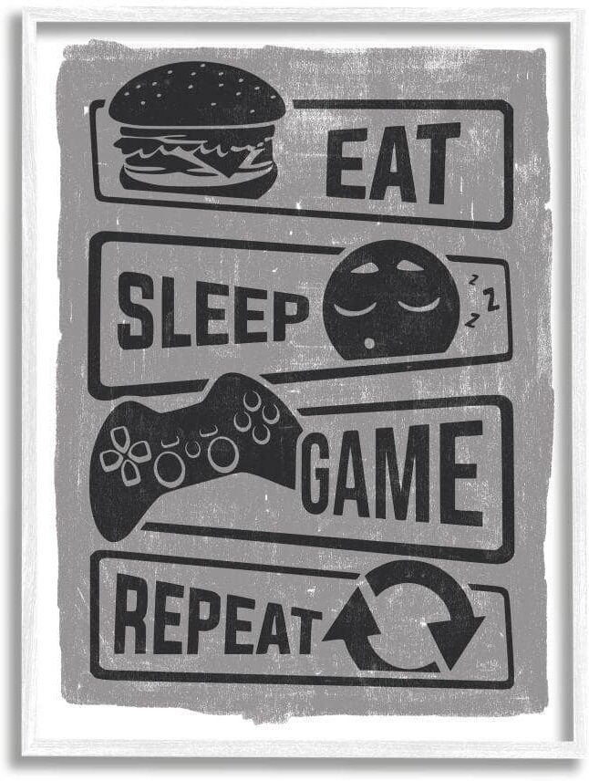 Stupell Industries Eat Sleep Game Repeat Phrases Video Gamer Icons by Lux + Me Designs Framed Typography Wall Art Print 11 in. x 14 in.