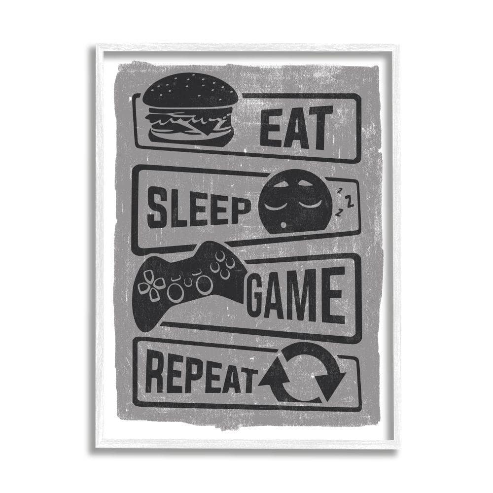Stupell Industries Eat Sleep Game Repeat Phrases Video Gamer Icons by Lux + Me Designs Framed Typography Wall Art Print 16 in. x 20 in.