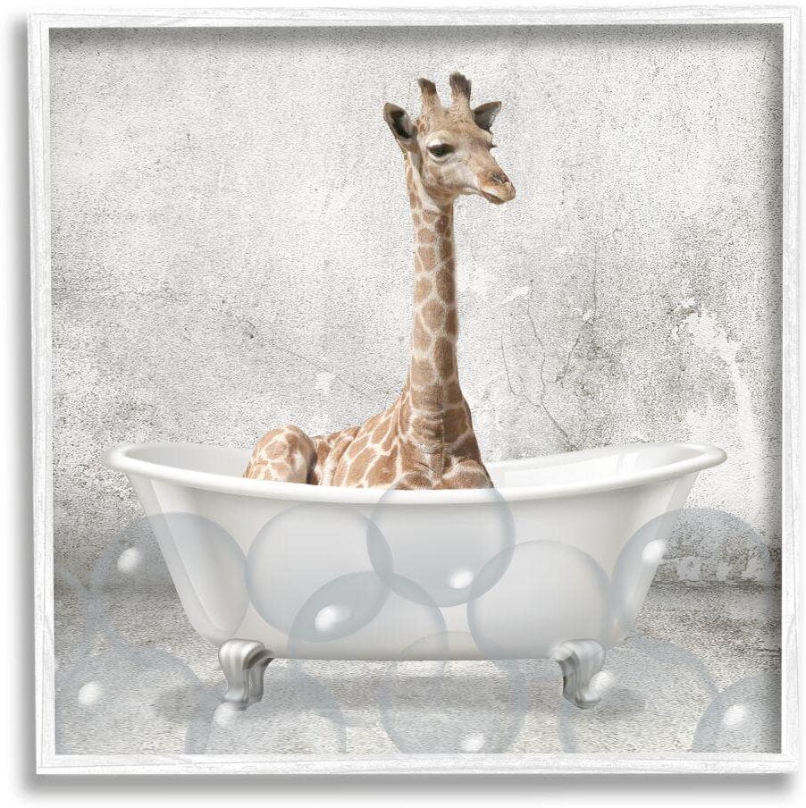 Stupell Industries Baby Giraffe Bath Time Cute Animal Design By Kim Allen Framed Print Animal Texturized Art 17 in. x 17 in.