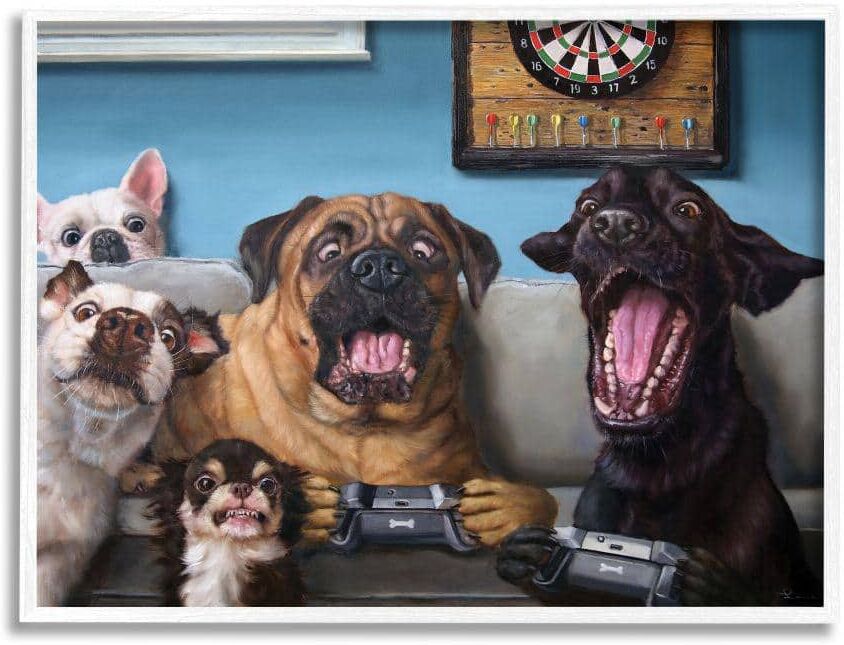 Stupell Industries Funny Dogs Playing Video Games Livingroom Pet Portrait by Lucia Heffernan Framed Animal Wall Art Print 11 in. x 14 in.