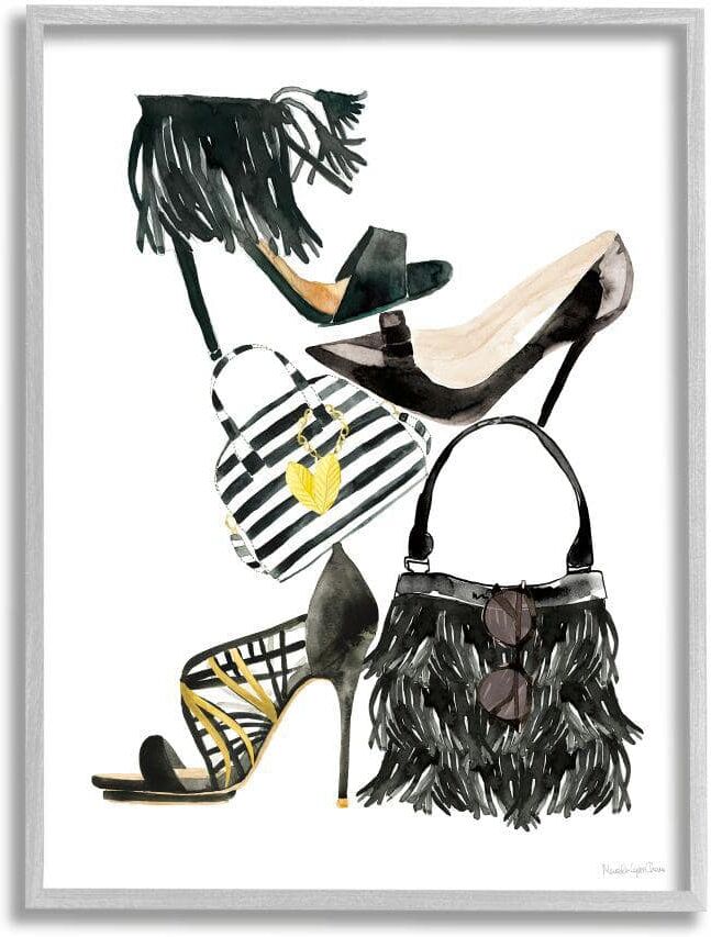 Stupell Industries Fashion Accessory Stack Fringe Shoes and Purse by Mercedes Lopez Charro Framed Abstract Wall Art Print 16 in. x 20 in.